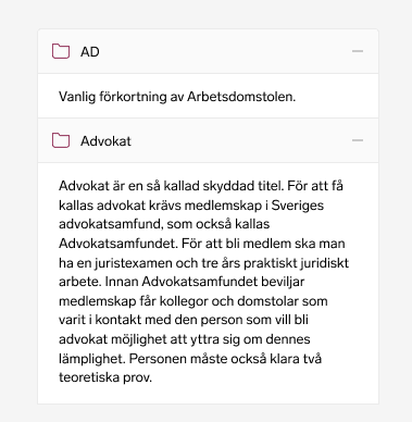 Skärmdump: Ordlista i Praxis i Dagens Juridik Pro