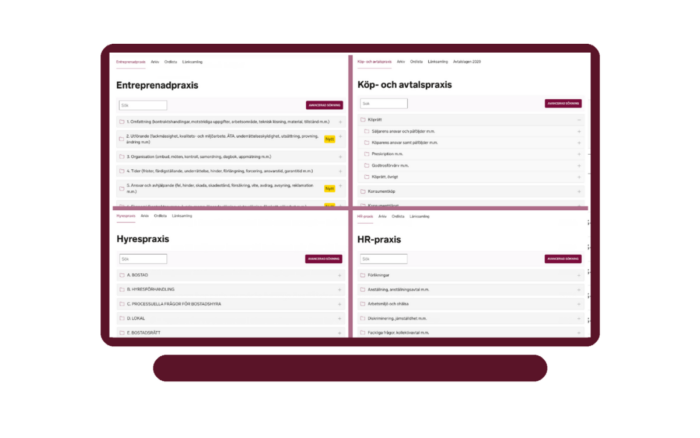 Datorskärm med juridiska praxisområden i Dagens Juridik Pro: entreprenad, köp- och avtalspraxis, hyresrätt och HR.